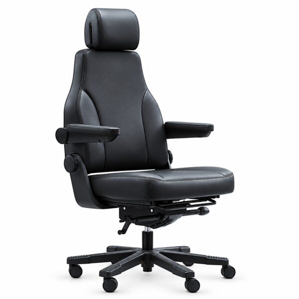 Heavy-duty Stanza Multi Shift Chair with a 230kg capacity, three-position synchro mechanism, adjustable headrest, seat depth, back angle and fold-back armrests.